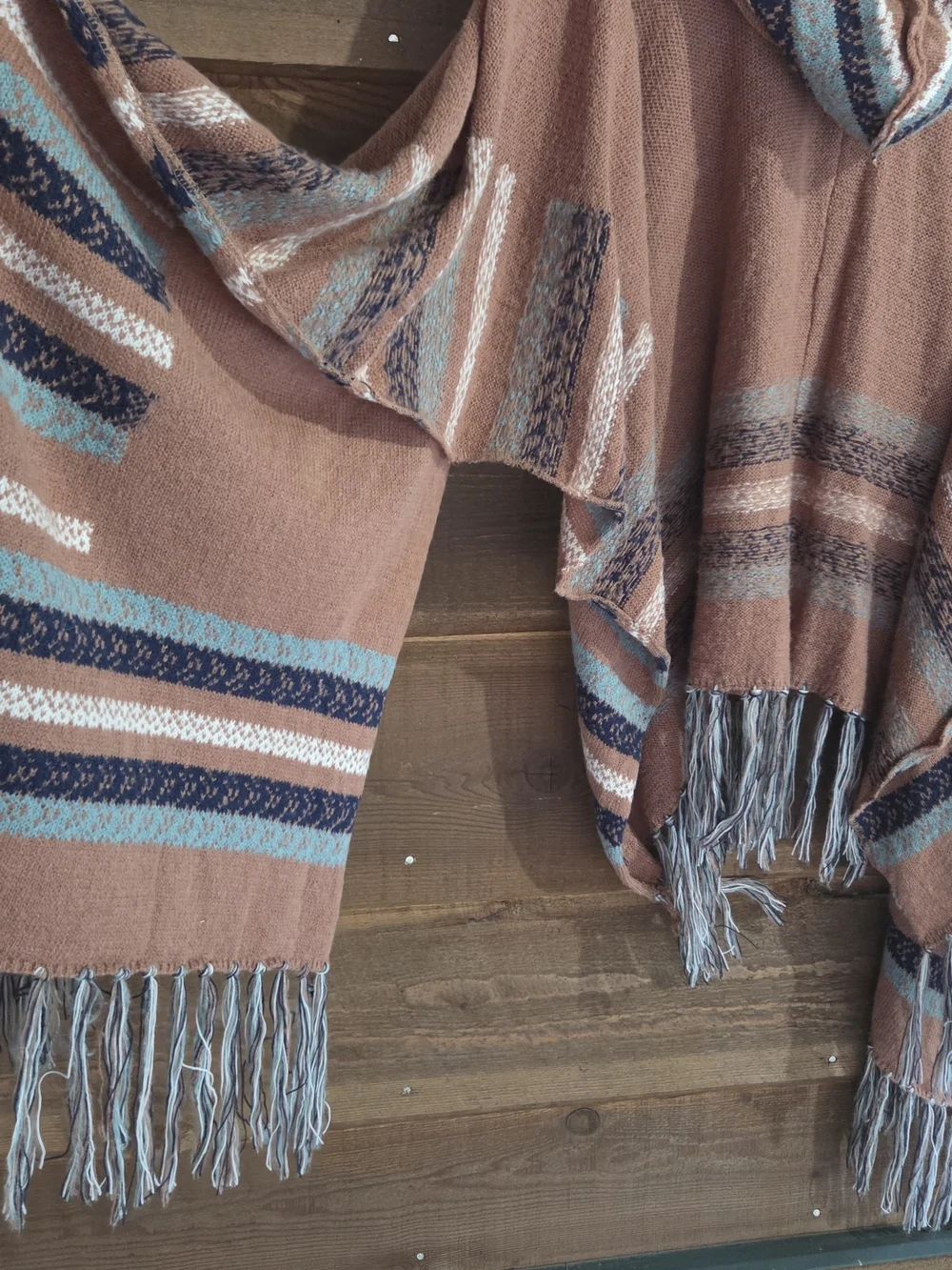 Easel Rust Hooded Fringe Wrap with Blue and Cream Stripes Western Native Indian
